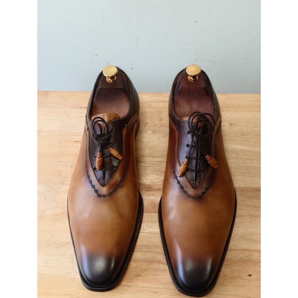 Mezlan Manet Mens Burnished Beige Leather Wholecut Dress Shoe Oxfords Size 12M - Picture 2 of 10